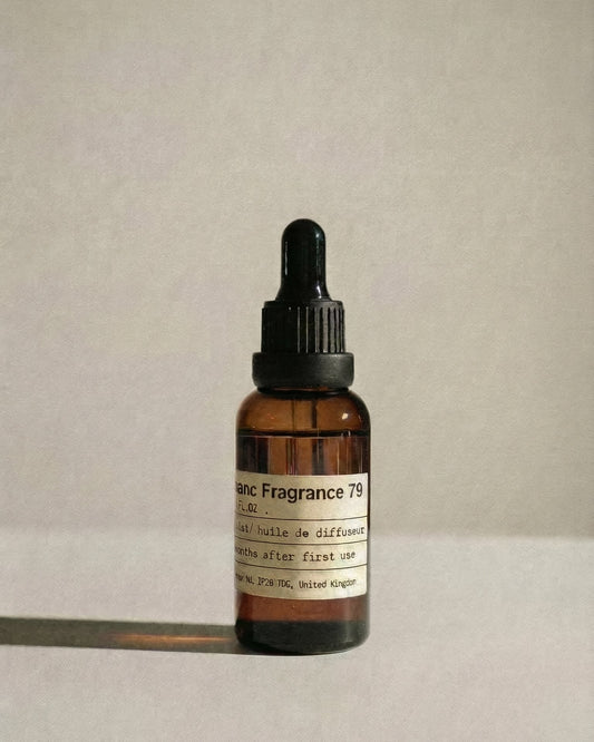 Amber glass dropper bottle of Charabanc Fragrance 79 essential oil with a vintage apothecary-style label.