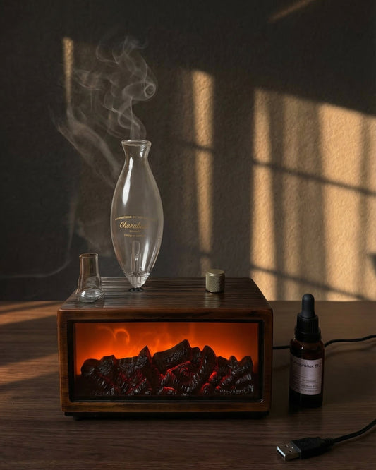 A detailed close-up product photograph of a premium black Charabanc miniature fireplace model nebulizing aromatherapy diffuser in active operation. A fine, dense plume of essential oil mist is visibly curling upwards from the stylized chimney vent. The front glass panel shows a realistic, glowing internal LED ember and log fire effect. Centered in front is an amber glass dropper bottle of "Charabanc Fragrance 29 - Santal 33" essential oil. The scene is set on a rustic dark wood shelf against a moody, cozy b