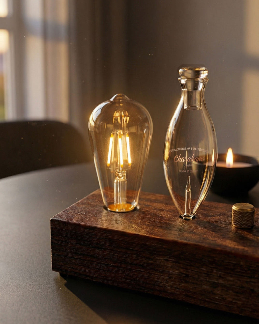 "A curatorial view of the Charabanc Fragrance essential oil collection arranged in rows. Multiple premium amber glass bottles with black droppers feature signature scent labels, including Santal 26, Thé Noir 29, Bergamote 22, and Rose 31, formulated for use with waterless nebulizing diffusers."
