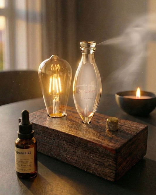 "A curatorial view of the Charabanc Fragrance essential oil collection arranged in rows. Multiple premium amber glass bottles with black droppers feature signature scent labels, including Santal 26, Thé Noir 29, Bergamote 22, and Rose 31, formulated for use with waterless nebulizing diffusers."