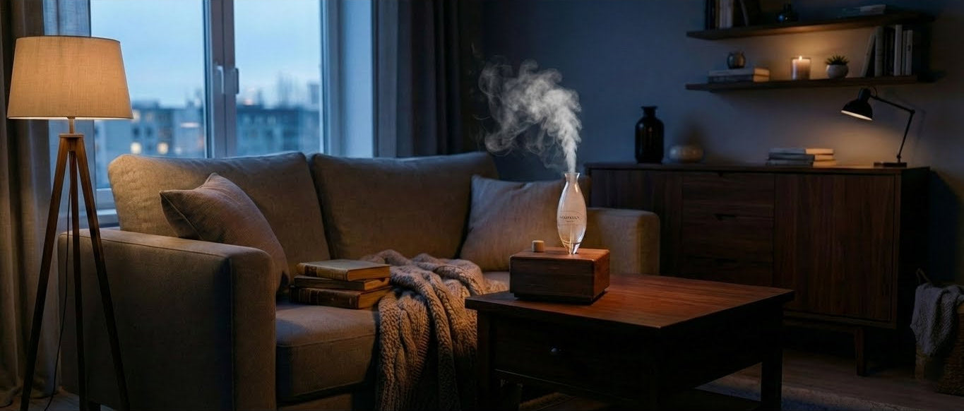 "A side-by-side view of two Charabanc Fragrance illuminated mountain landscape diffusers. The diffuser on the left features a light wood base with cool white light illuminating a snowy miniature range. The diffuser on the right has a dark base with warm, fiery orange light casting a sunset glow over the peaks. Visible plumes of aromatic vapor rise from both glass chambers."