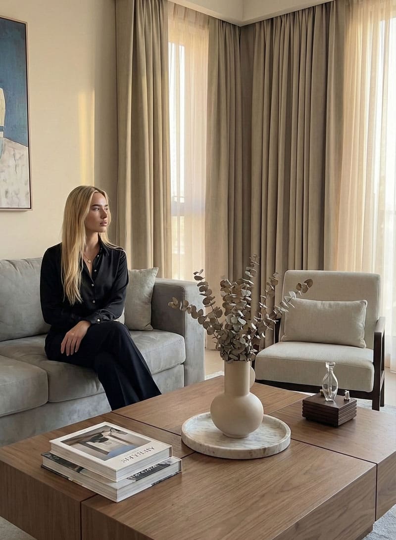 "A lifestyle scene in a bright, minimalist modern living room. A woman in a black shirt sits contemplatively on a grey sofa, with soft sunlight filtering through beige curtains. On the large wooden coffee table, a Charabanc waterless diffuser sits alongside art books and a marble tray with dried eucalyptus, creating a serene and mindful atmosphere."