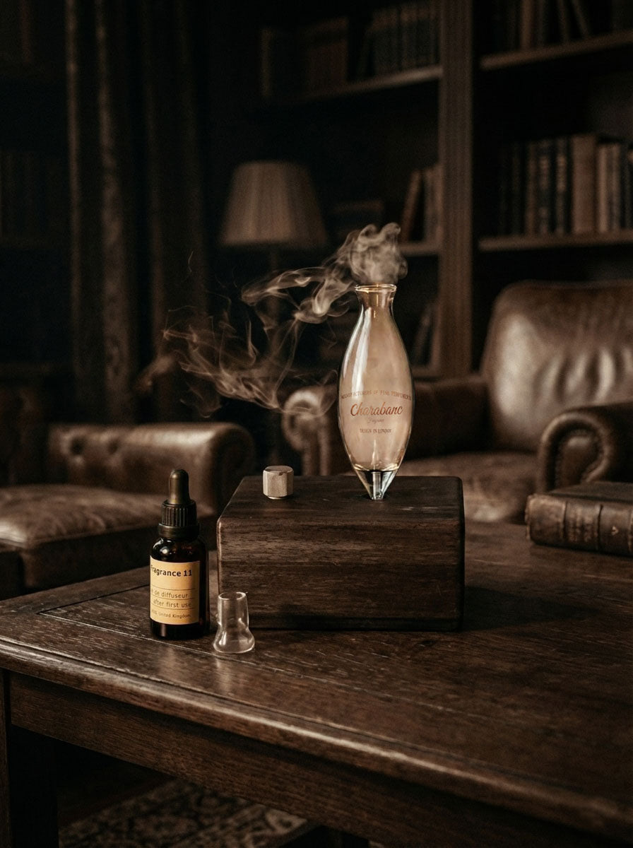 "A vertical mobile banner showing a close-up of a hand pouring Santal 26 pure essential oil into the glass nebulizer of the Charabanc waterless wood diffuser. A gentle wisp of aromatic vapor rises against a warm, sunlit living room background with a cozy white sofa, illustrating the start of an aromatherapy ritual."