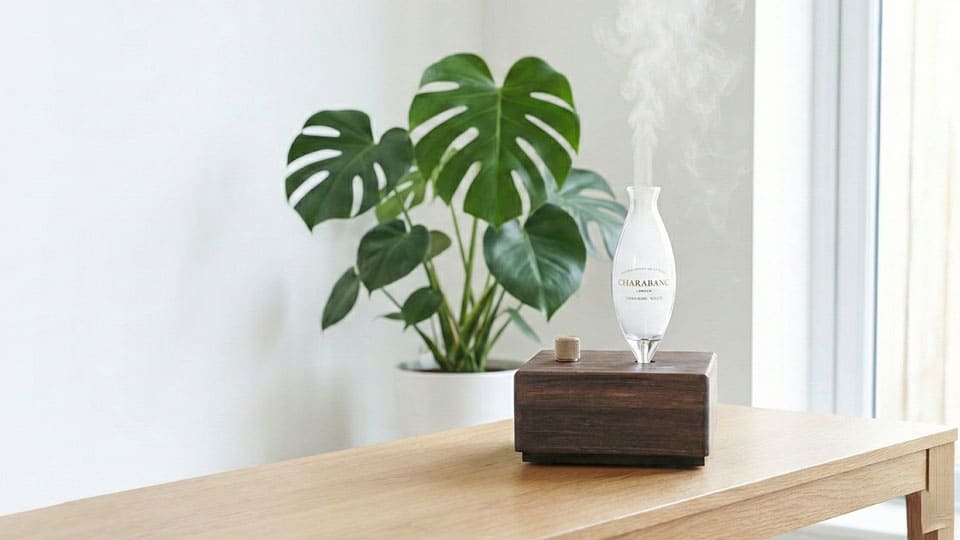 "A Charabanc waterless essential oil diffuser with a dark wood base and a hand-blown glass nebulizer is emitting a gentle plume of white vapor. It is placed on a light wooden table next to a large potted Monstera deliciosa plant in a bright, naturally lit room, creating a fresh, botanical atmosphere."